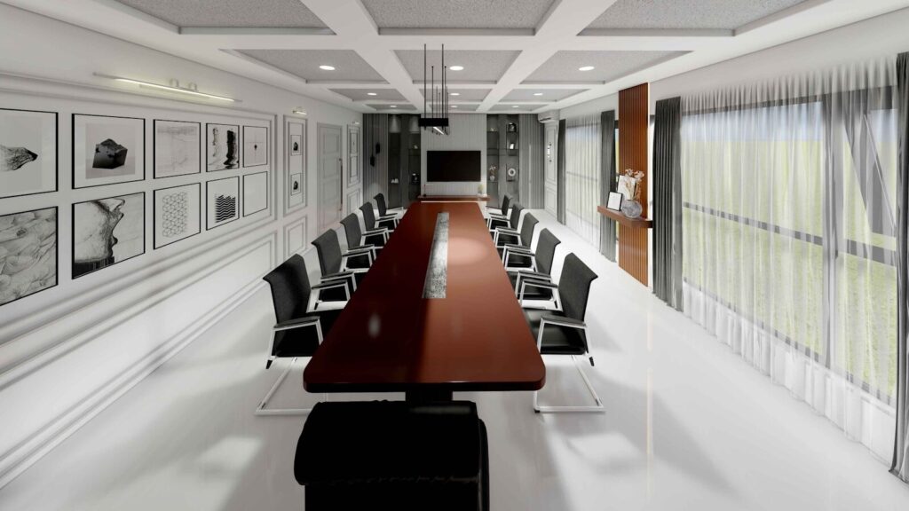 Modern, minimalist boardroom with long table and chairs.